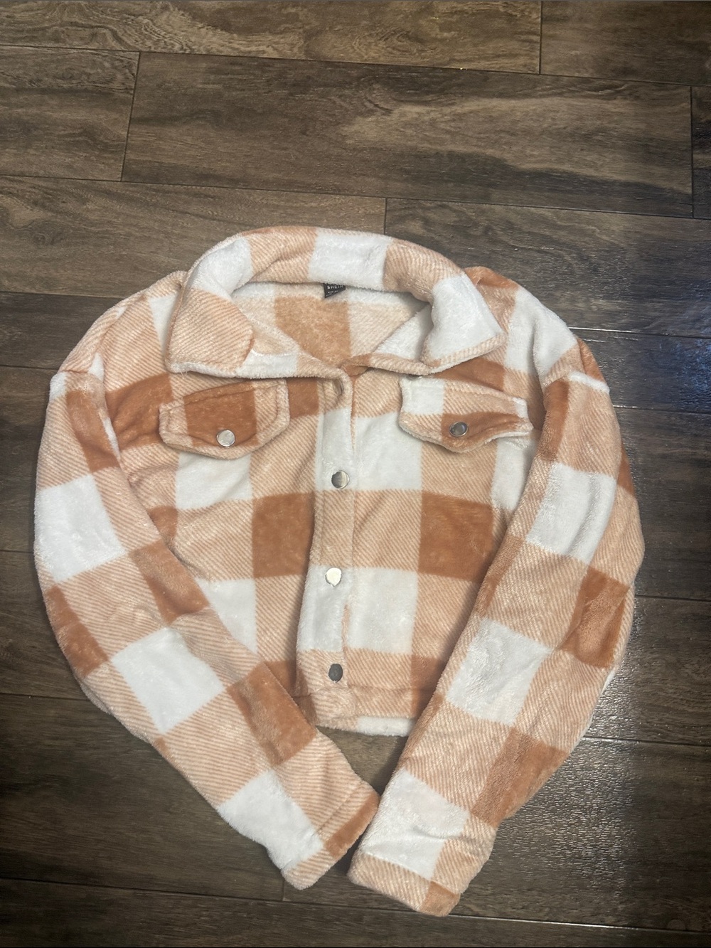 SHEIN Cream & Tan Plaid Teddy Shacket